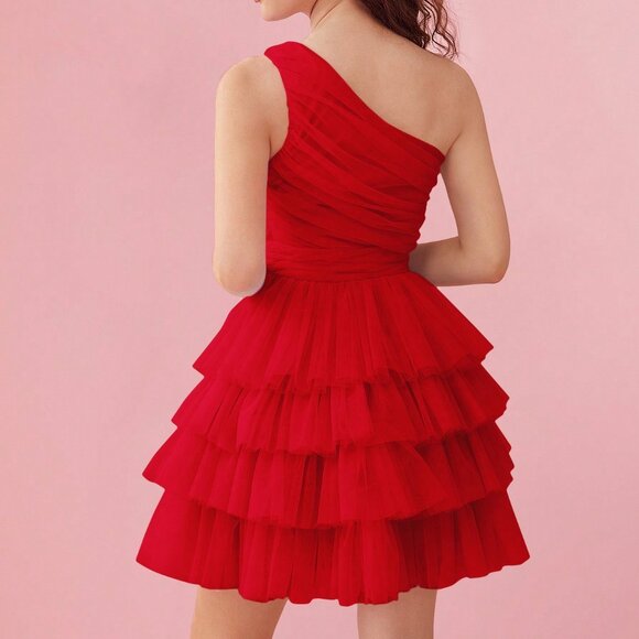 Red Elegant Women's Asymmetric Ruffle Layered Mesh Overlay Dress - Picture 2 of 8